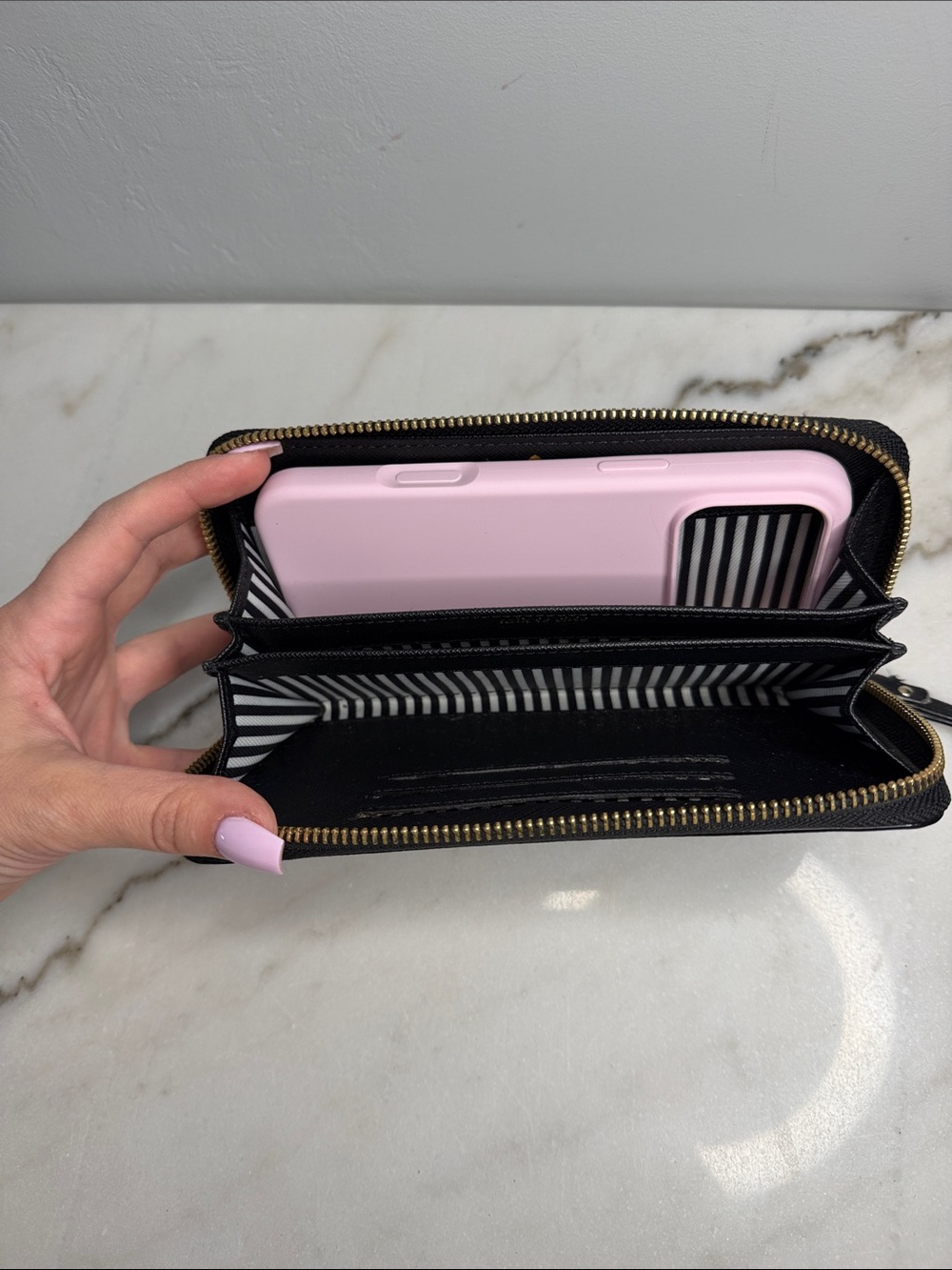 kate spade Black Leather Zip-Around Wristlet Wallet with Gold Logo - Picture 5 of 5